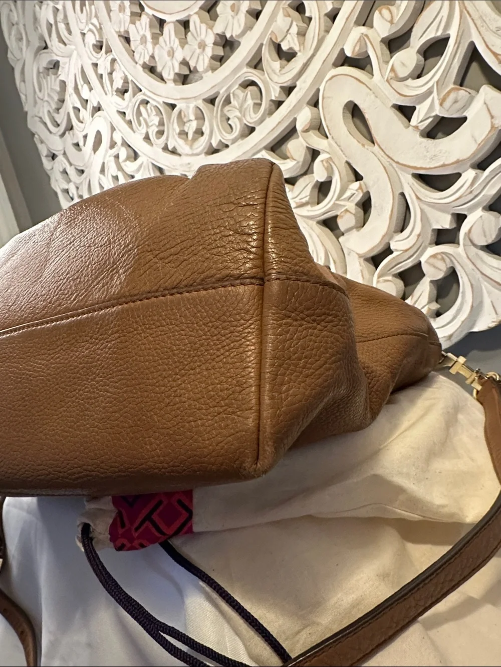 Tory Burch Tan Pebbled Leather Satchel with Front Pocket
